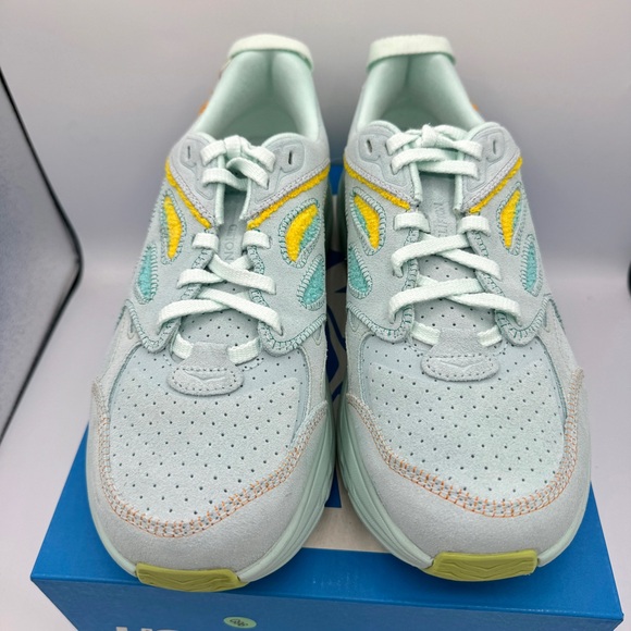 NWT Hoka Clifton Leather Embroidery UNISEX Shoes blue glass radiant yellow NEW - Picture 14 of 16